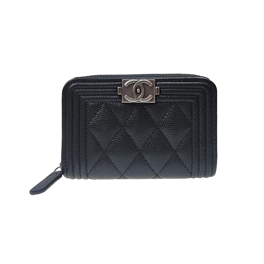 샤넬 보이 지퍼 동전 지갑 캐비어 그레인드 카프스킨 & 루테늄 메탈 블랙